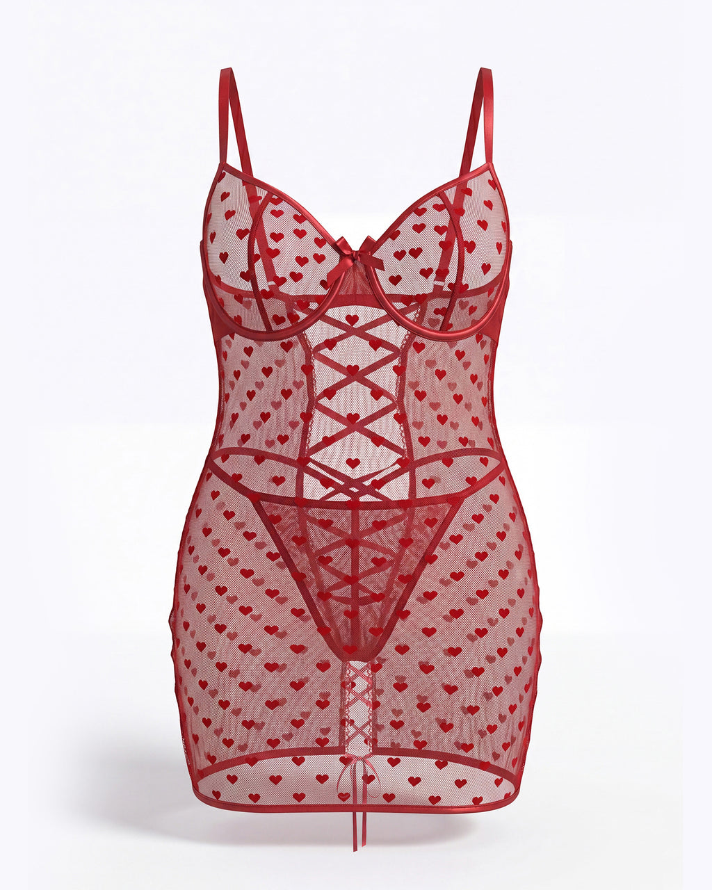 Shinyyep Heart-shaped lace mesh seductive sleepwear set