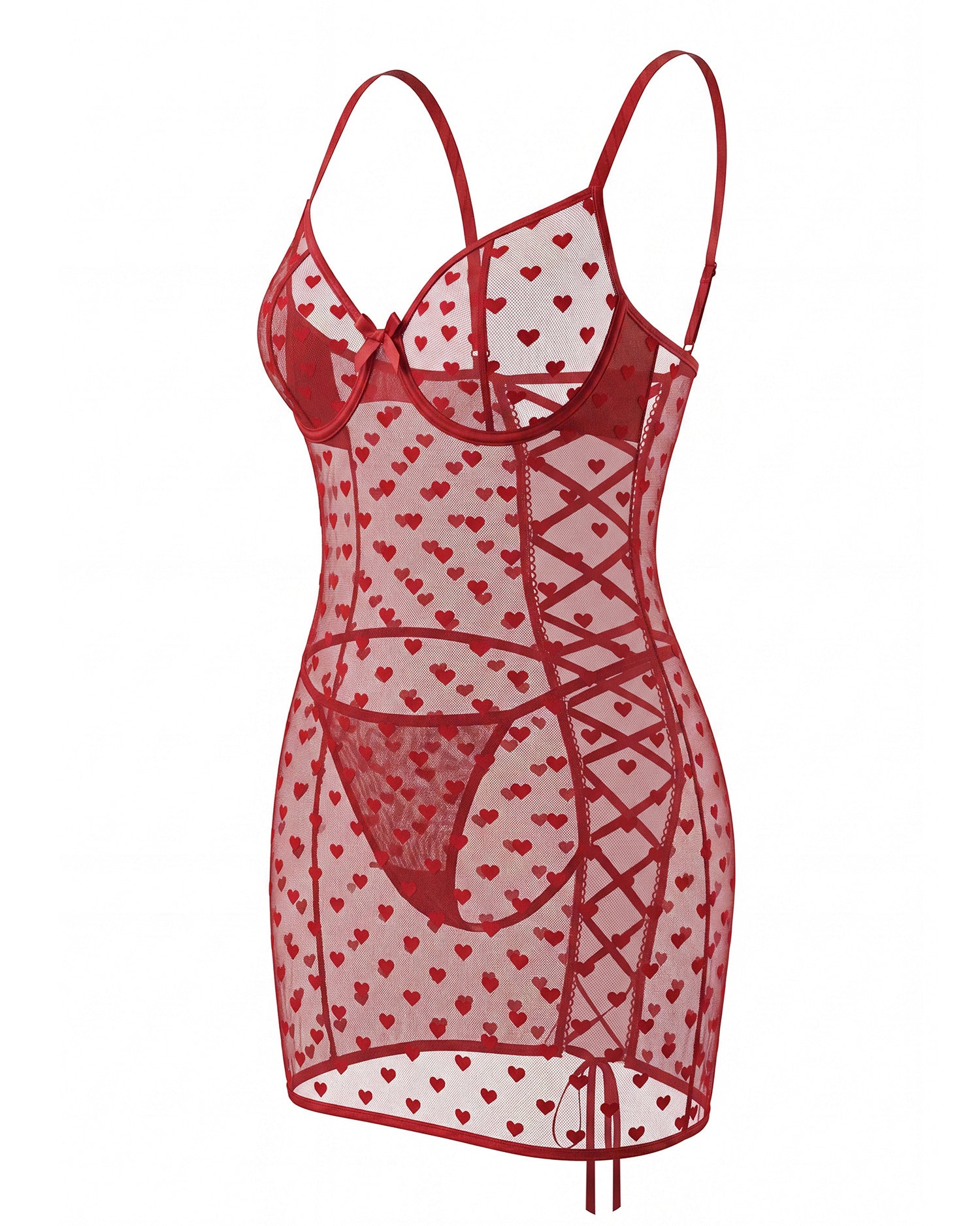 Shinyyep Heart-shaped lace mesh seductive sleepwear set