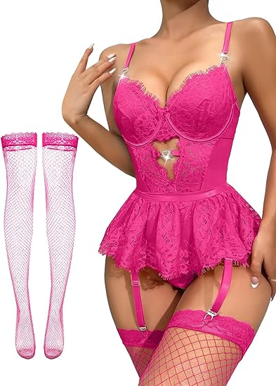 Shinyyep Women Lingerie Set Lace Bodysuit High Waisted