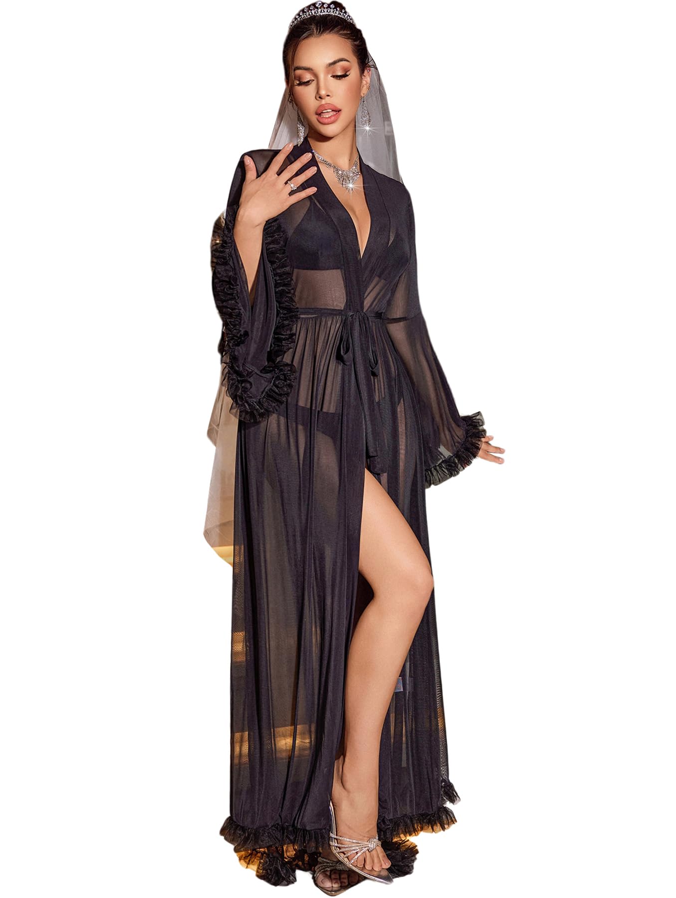 Shinyyep Lace-Trimmed Flared-Sleeve Robe