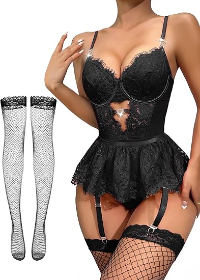 Shinyyep Women Lingerie Set Lace Bodysuit High Waisted