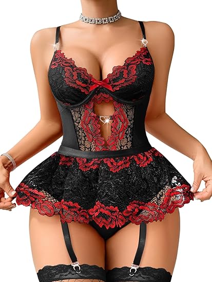 Shinyyep Women Lingerie Set Lace Bodysuit High Waisted