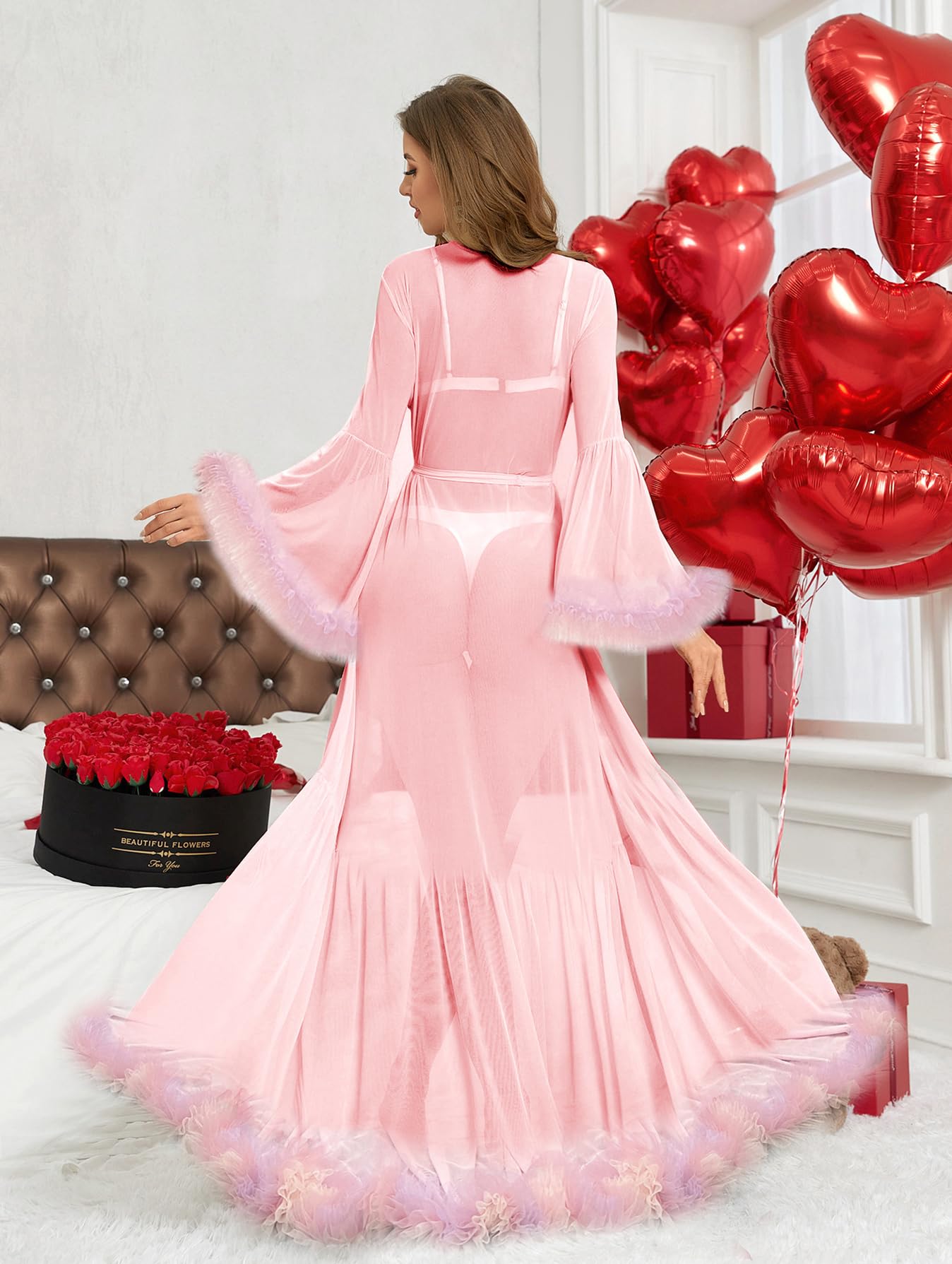 Shinyyep Lace-Trimmed Flared-Sleeve Robe