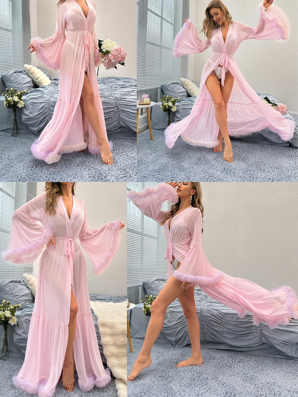 Shinyyep Lace-Trimmed Flared-Sleeve Robe