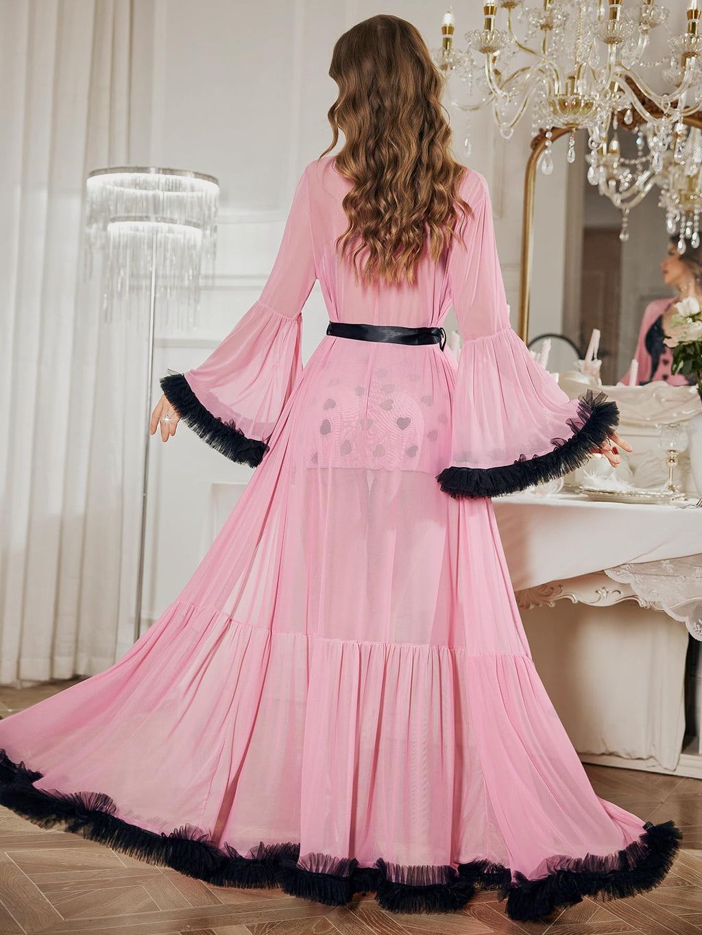 Shinyyep Lace-Trimmed Flared-Sleeve Robe